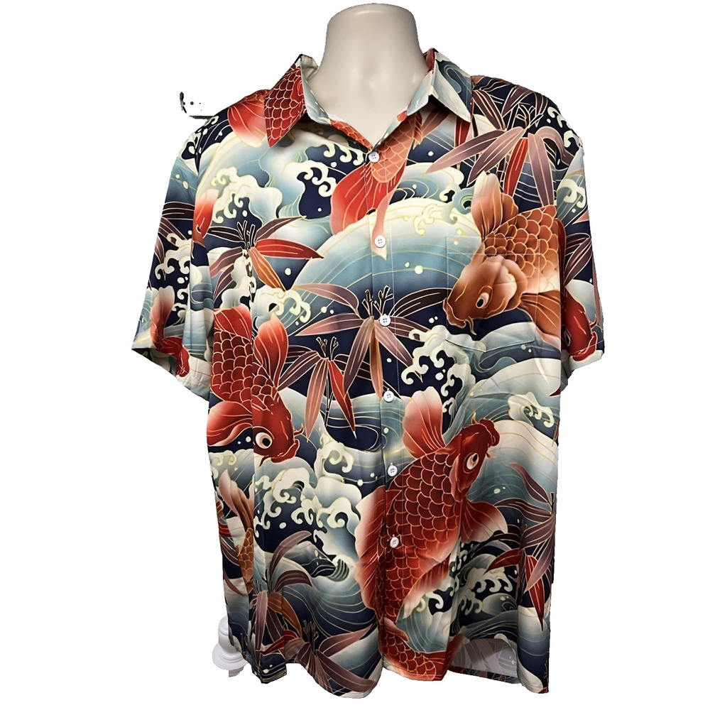 Mens Colorful All Over Print Koi Fish Button Up Shirt XL Pocket Wearable Art